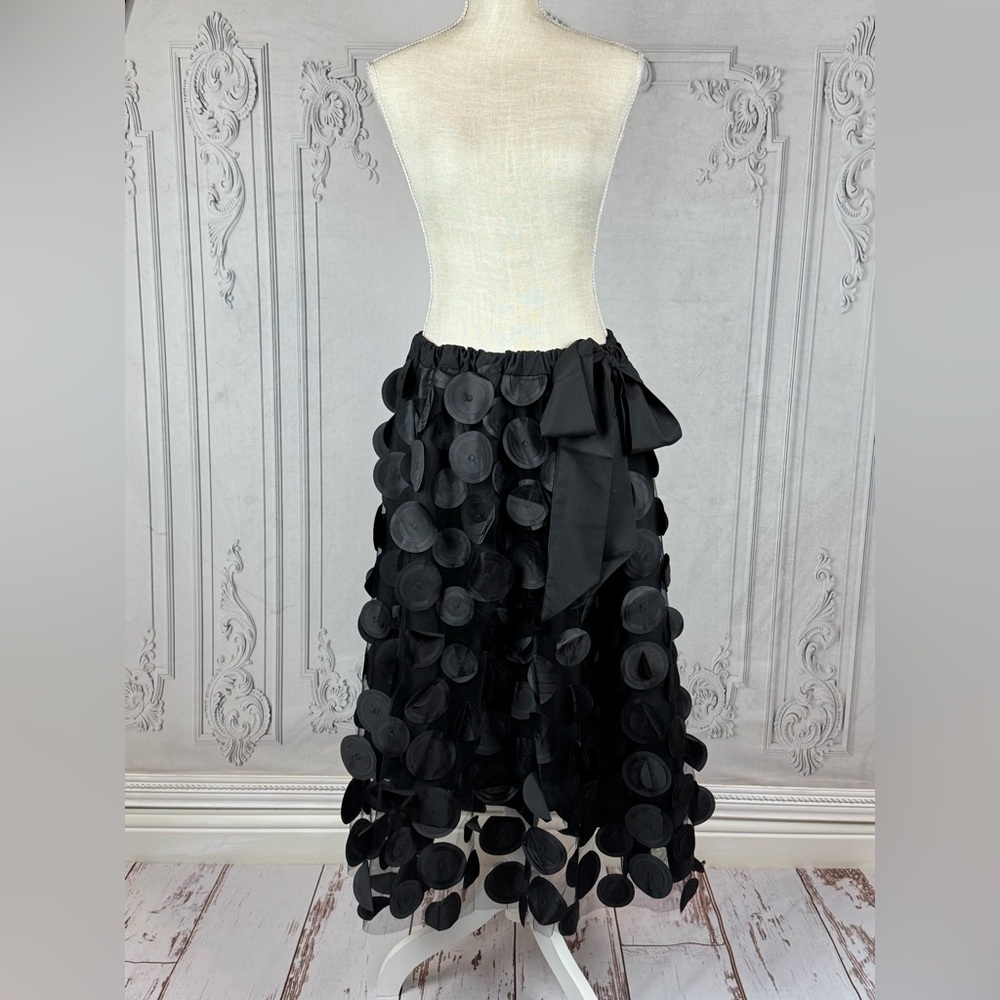 Elegant Polka Dot Tull Mesh Black 3D Patchwork A-Line Midi Skirt - Picture 6 of 8